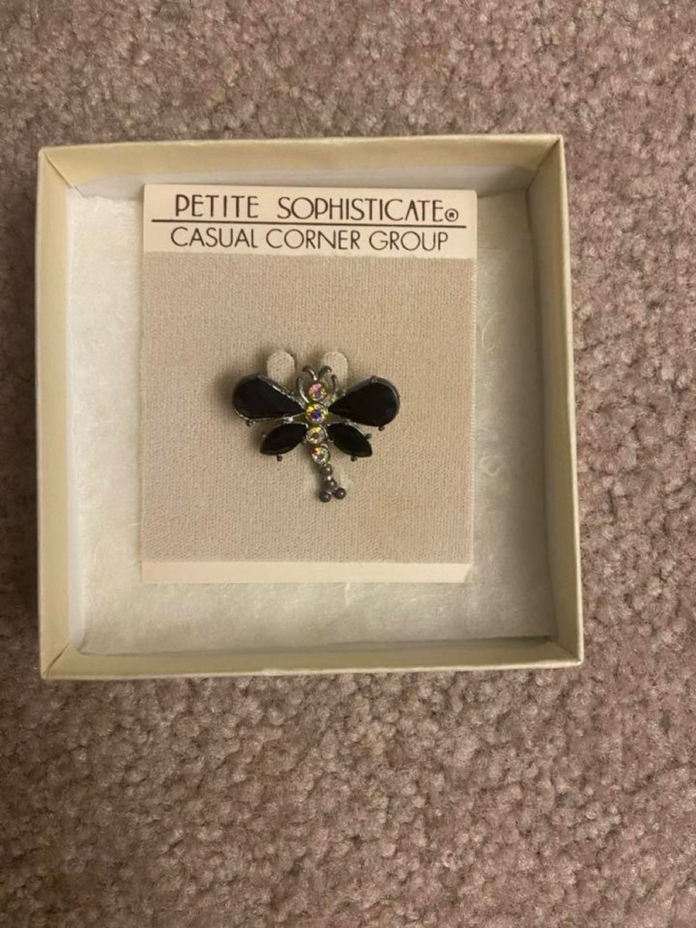 Petite Vintage Sophisticate Black Enamel Dragonfly Pin with Iridescent Rhineston